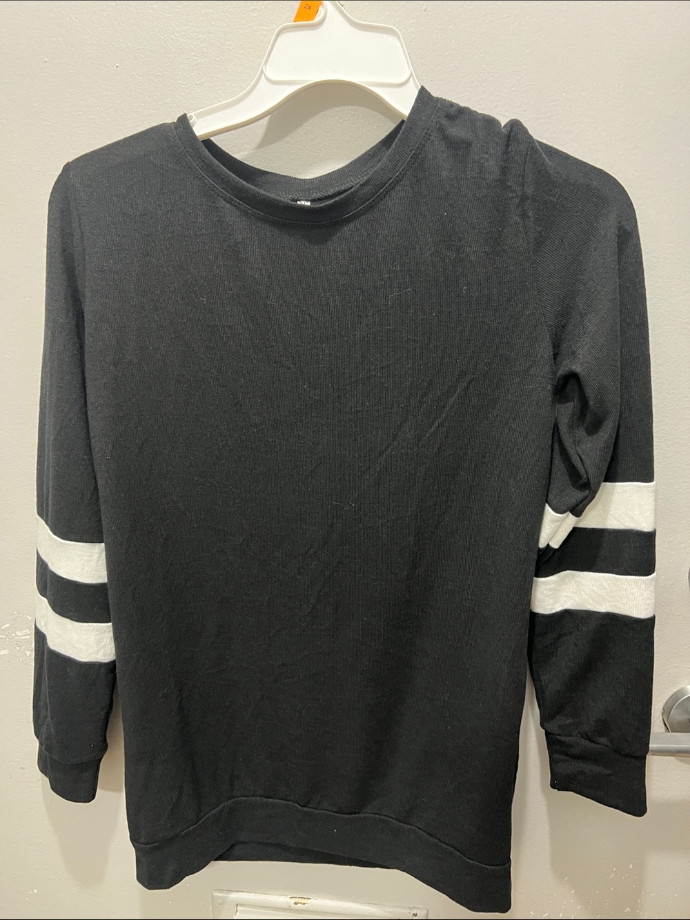 Men's Black Crewneck Sweater with White Sleeve Stripes